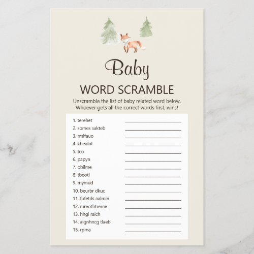 Woodland Fox Shower UK Baby Word Scramble Game Flyer