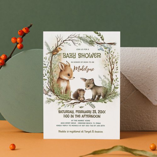 Woodland Fox Squirrel Forest Unisex Baby Shower Invitation