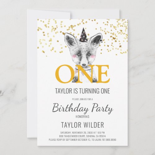 Woodland Fox Watercolor 1st Birthday Invitation