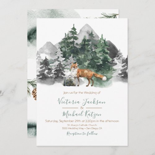 Woodland fox Watercolor Mountain Wedding Invitation