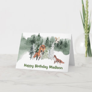 Woodland Fox Watercolor Personalized Birthday Card