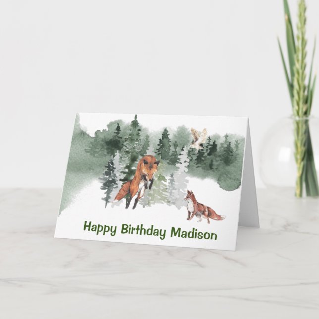 Woodland Fox Watercolor Personalized Birthday Card (Front)