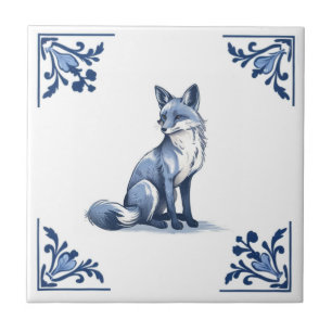 Woodland Fox with Delft Blue and White Corners Ceramic Tile