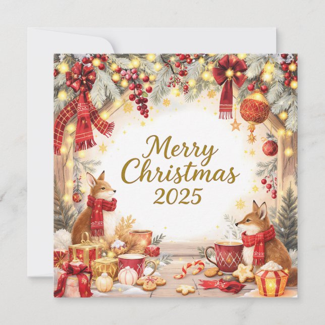 Woodland Foxes Custom Photo Christmas Card  (Front)
