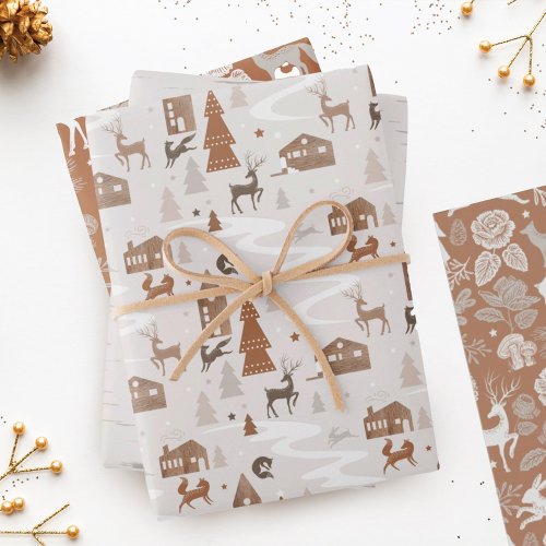Woodland Foxes Rabbit  Reindeer Village  Floral Wrapping Paper Sheets