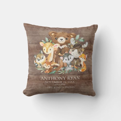 Woodland Friends Baby Birth Stats Pillow