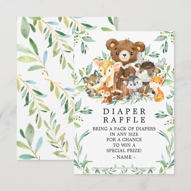 Woodland Friends Baby Shower Diaper Raffle Ticket Enclosure Card (Front/Back)
