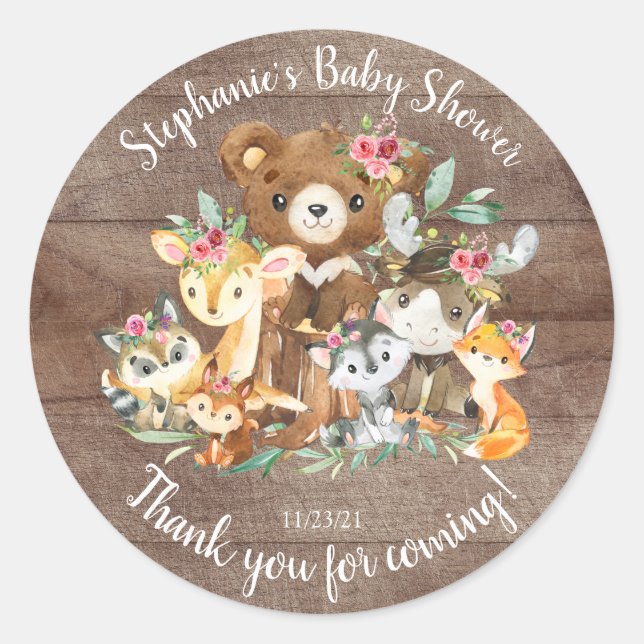 Woodland Friends Baby Shower Favor Classic Round Sticker (Front)
