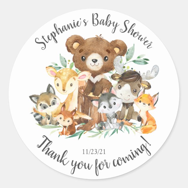 Woodland Friends Baby Shower Favor Classic Round Sticker (Front)