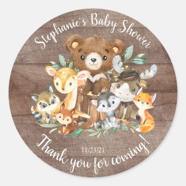 Woodland Friends Baby Shower Favor Classic Round Sticker (Front)