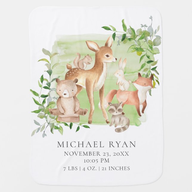 Woodland Friends| Boy Birth Stats Blanket (Front)