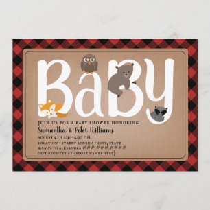 Woodland Friends Buffalo Plaid Baby Shower Invitation