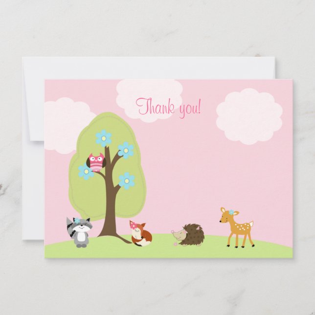Woodland Friends Flat Thank you Note (Pink) (Front)