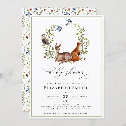 Woodland Friends Floral Watercolor Baby Shower Invitation