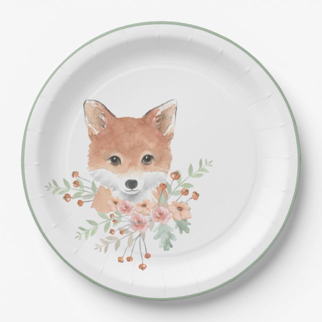 Woodland Friends Fox Floral Green Watercolor Paper Plates (Front)