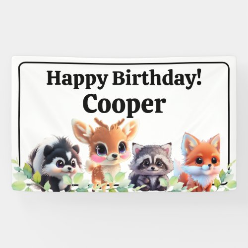 Woodland friends fox skunk raccoon deer birthday  banner