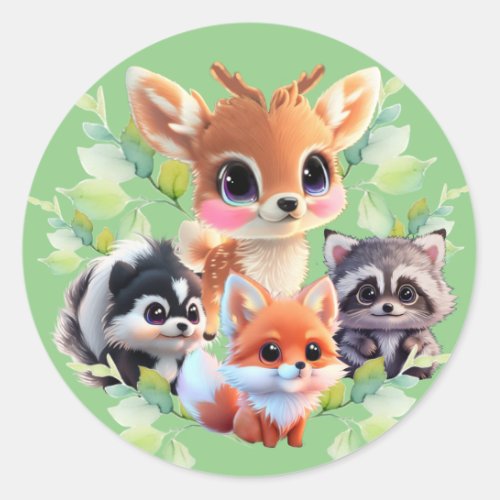 Woodland friends fox skunk raccoon deer classic round sticker