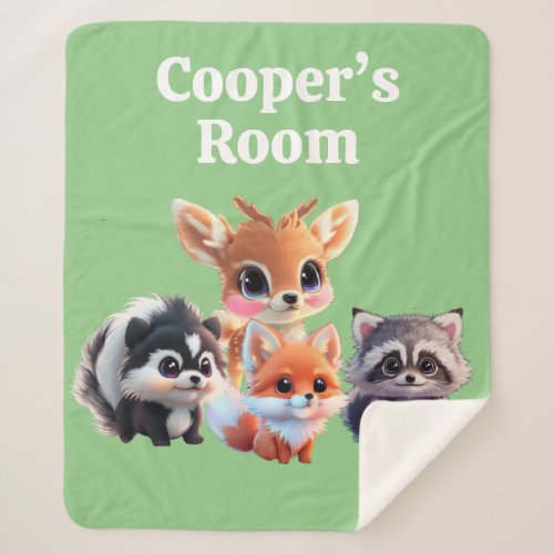 Woodland friends fox skunk raccoon deer sherpa blanket