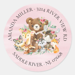 Woodland Friends Girls Baby Shower Return Address Classic Round Sticker