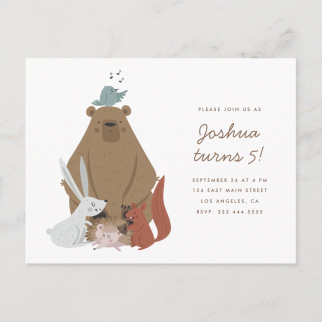 Woodland Friends | Kids' Birthday Party Invitation Postcard (Front)