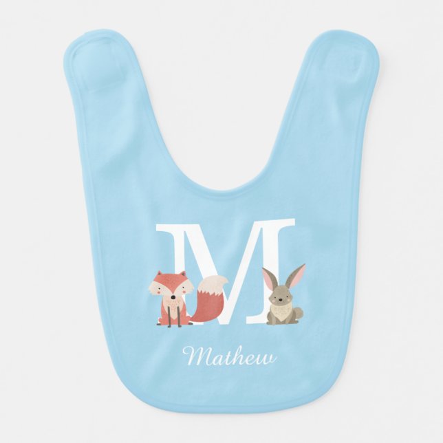 Woodland Friends Rabbit Fox Cub Monogram Baby Bib (Front)
