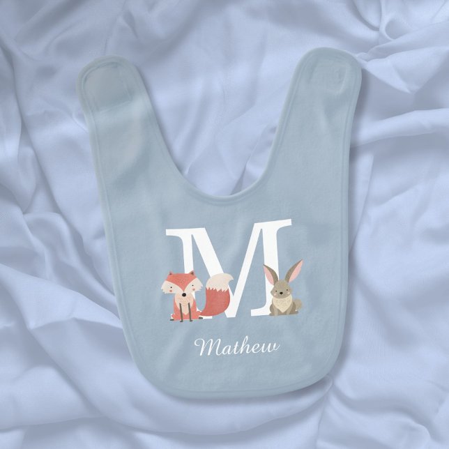 Woodland Friends Rabbit Fox Monogram Blue Baby Bib (Woodland Friends Rabbit Fox Monogram Blue Baby Bib)