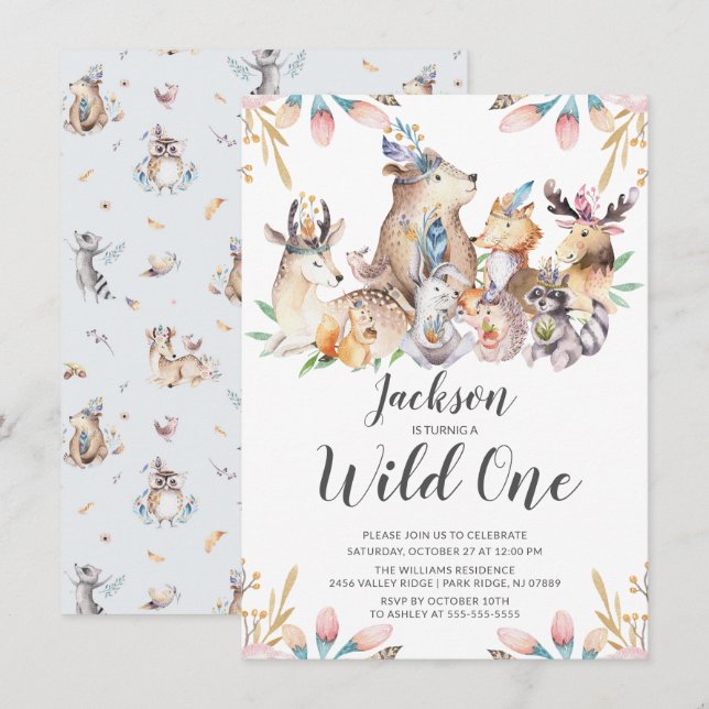 Woodland Friends Wild One Boys 1st Birthday Invita Invitation (Front/Back)