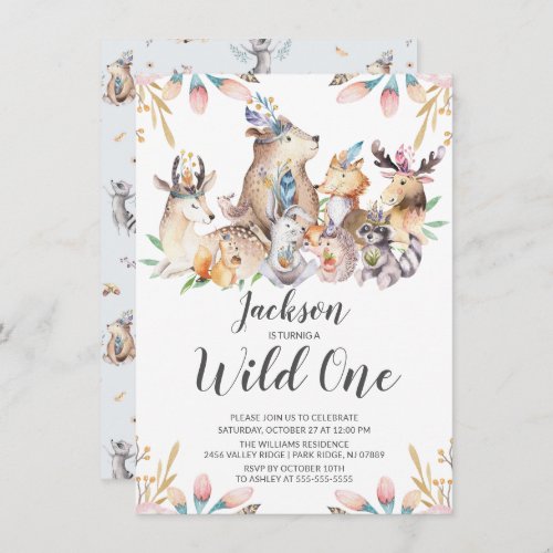 Woodland Friends Wild One Boys 1st Birthday Invita Invitation