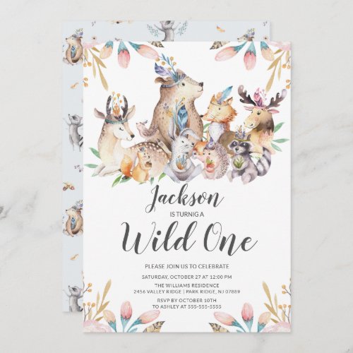 Woodland Friends Wild One Boys 1st Birthday Invita Invitation