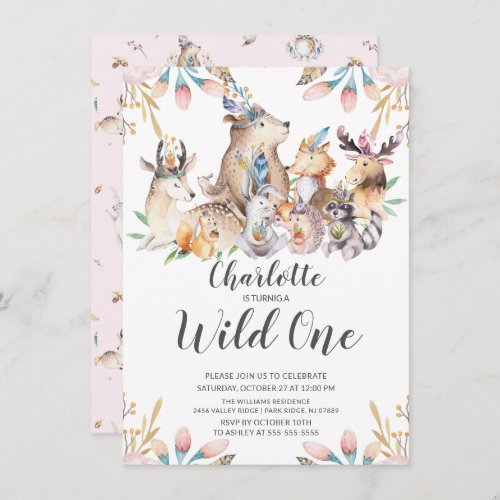 Woodland Friends Wild One Girls 1st Birthday Invit Invitation