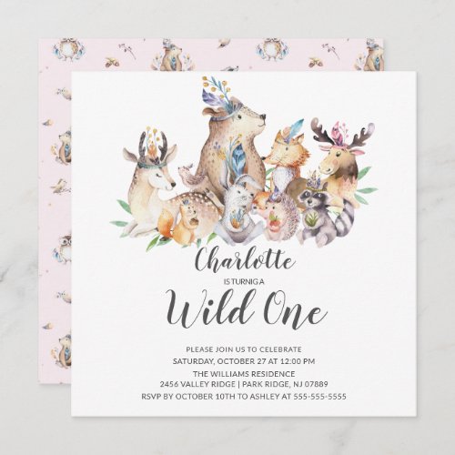 Woodland Friends Wild One Girls 1st Birthday Invit Invitation