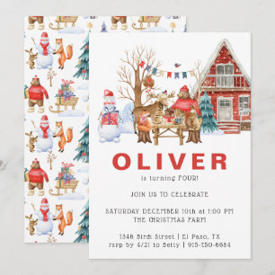 Woodland Friends Winter Christmas Birthday Party Invitation