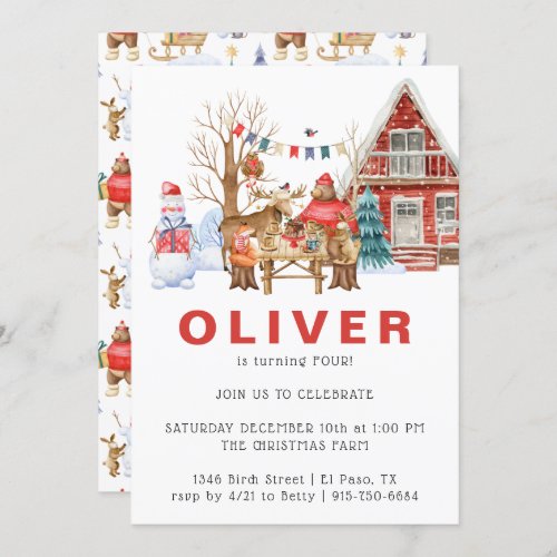 Woodland Friends Winter  Christmas Birthday Party Invitation