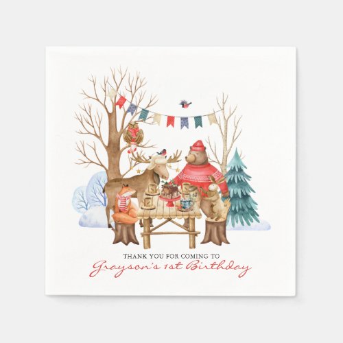 Woodland Friends Winter Christmas Birthday Party Napkins