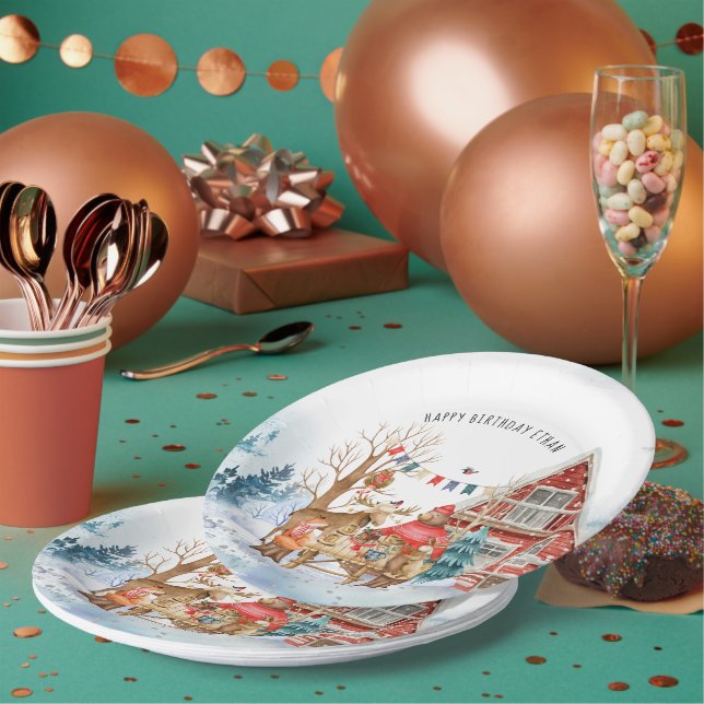 Woodland Friends Winter Christmas Birthday Party Paper Plates (Multi)