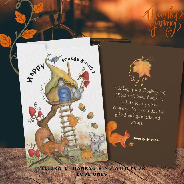 Woodland Friendsgiving -  Cozy Autumn Scene Holiday Card (Woodland Friendsgiving - Cozy Autumn Scene Holiday Card)