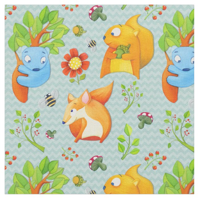 Woodland Fun aqua Fabric (Close Up)
