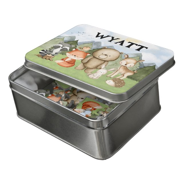 Woodland Gift for Boys, Personalized Woodland Jigsaw Puzzle (Lid Open)