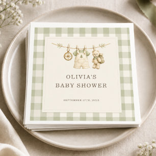 Woodland Gingham Sage Green Baby Shower Napkins