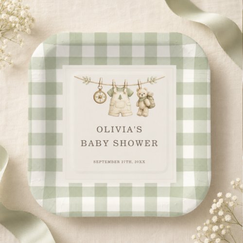 Woodland Gingham Sage Green Baby Shower Paper Plates