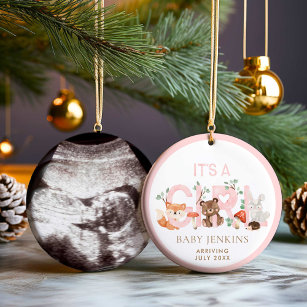 Woodland Girl Baby Announcement Christmas Ceramic Ornament