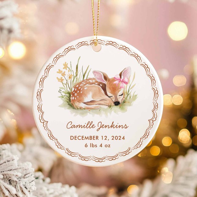 Woodland Girl Baby Birth Stats Photo Christmas Ceramic Ornament (Cute Deer Fawn Girl Baby Birth Stats Ornament)