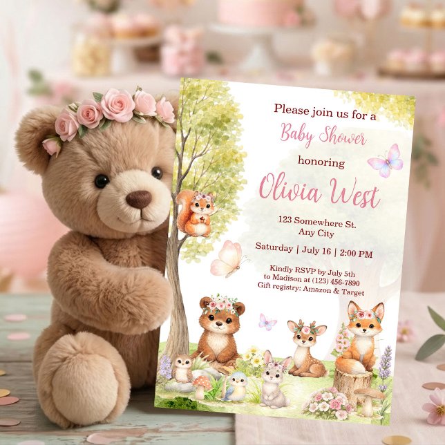 Woodland Girl Baby Shower Forest Animals  Invitation (Woodland Girl Baby Shower Invitation)