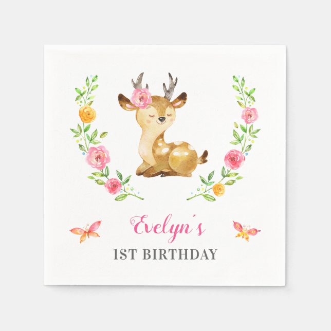Woodland Girl Birthday Theme Deer Cocktail Paper Napkins (Front)