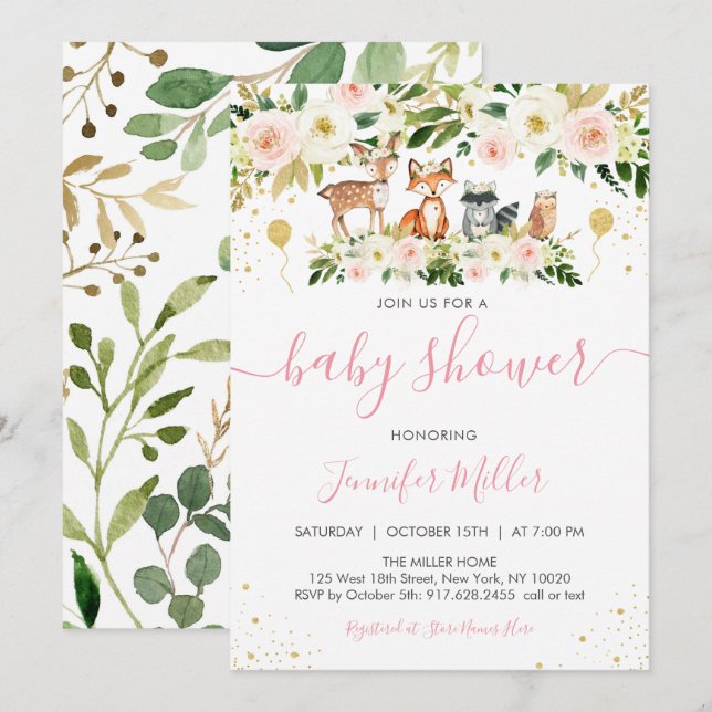 Woodland Girl Pink Floral Baby Shower Invitation (Front/Back)