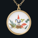 Woodland Gnome Gold Plated Necklace<br><div class="desc">Whimsical green and red woodland themed pattern designed by Shelby Allison featuring tiny gnome characters,  mushrooms,  flowers and foliage.</div>