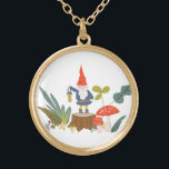 Woodland Gnome Gold Plated Necklace<br><div class="desc">Whimsical green and red woodland themed illustration designed by Shelby Allison featuring a tiny gnome character,  mushrooms,  flowers and foliage.</div>