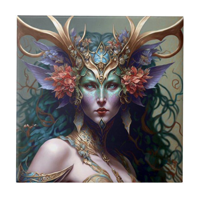 Woodland Goddess Fantasy Art Ceramic Tile (Front)