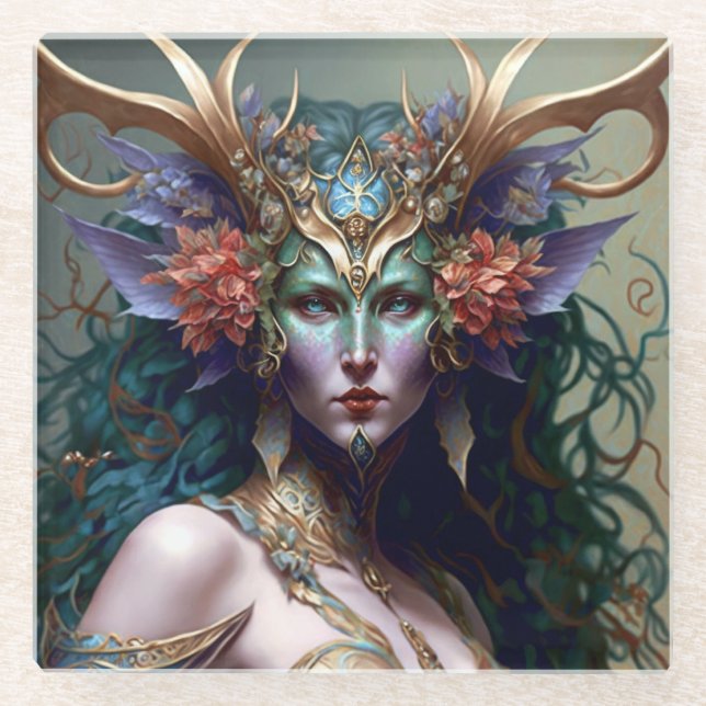 Woodland Goddess Fantasy Art Glass Coaster (Front)