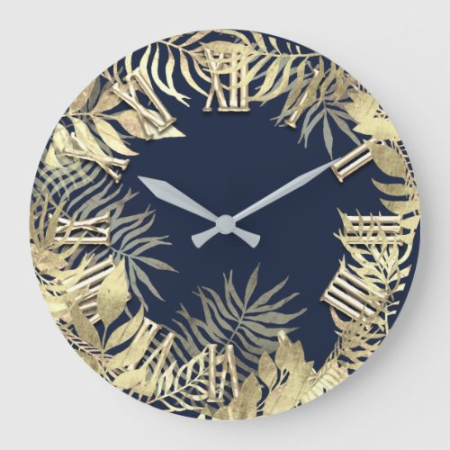 Woodland Golden Fern Blue Silver Roman Numbers Large Clock